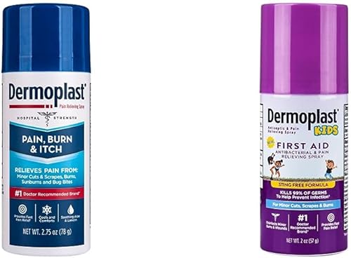 Paquete de spray Dermoplast para aliviar el dolor, quemaduras y picazón (el embalaje puede variar) + espray de primeros auxilios Dermoplast Kids sin