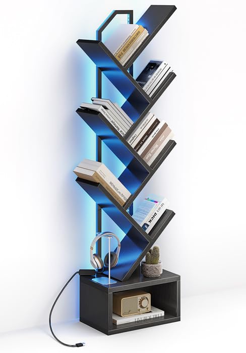 Coleshome Bücherregal im Baumform, Standregal mit 6 Ebenen, Bücherregal Holz mit Lichtband, Geeignet für Wohnzimmer und Schlafzimmer，Schwarz