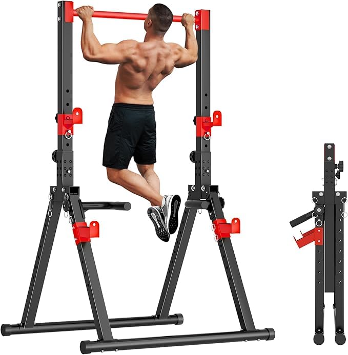 SogesHome Power Tower Dip Station Pull Up Bar for Home Gym Adjustable Foldable Multifunction Fitness Workout Station with