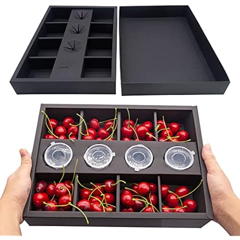 Divided Serving Tray w/Lids Black Cardboard 8 Grids, 10PK Pastry Box Snack Heavy Duty 12.5x9x2in, Sauce Cup Holder Tray Box, Oil-Proof Deli Dessert Box, Party Takeout Containers Cover