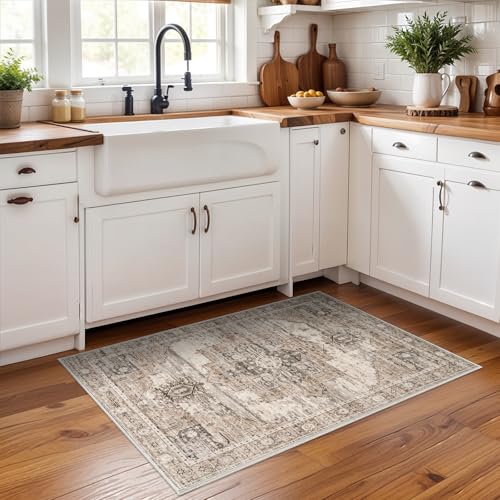RUUGME Washable 2x3 Area Rugs - Large Boho Rugs for Living Room Stain Resistant Carpet Vintage Tribal Rugs for Bedroom Kitchen Bathroom with Non Slip Backing Home Decor Floor Decoration Mat 2x3 Beige
