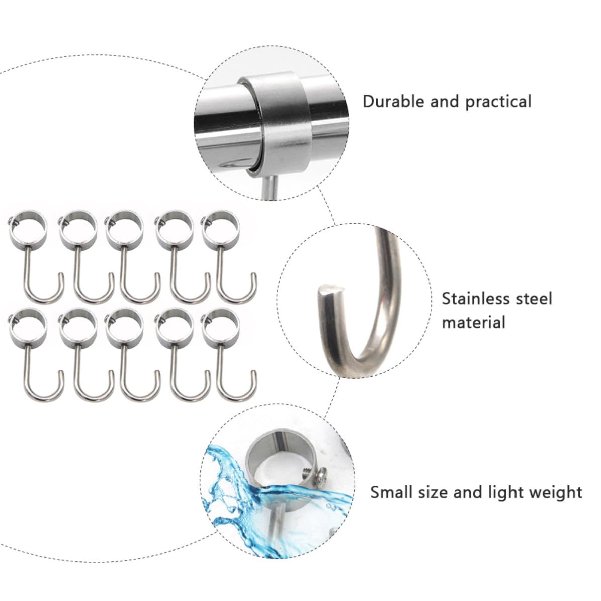 Crochets Tubulaires Légers et Réglables en Acier Inoxydable Lot de 10 Argenté pour Tringle à Rideaux et Rangement Pratique à Domicile