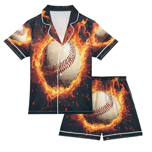 ALAZA Baseball Flame Retro Satin Pajamas Set Short Sleeve Button Down Sleepwear Summer Pjs 2 Piece