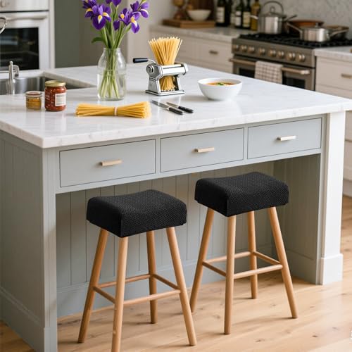 Image of Waterproof Bar Stool Covers Rectangle 2 Pack Black Jacquard Stretchable Backless Barstool Seat Cover Counter Bar Stool Slipcovers Washable