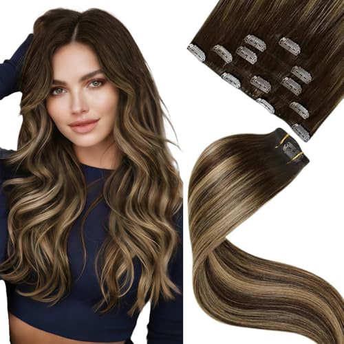 Image of LaaVoo Clip on Extensions Human Hair 18in No Synthetic Hand Tied | Effortless length transformation for mid-back hair, transparent lace weft mimics natural scalp appearance