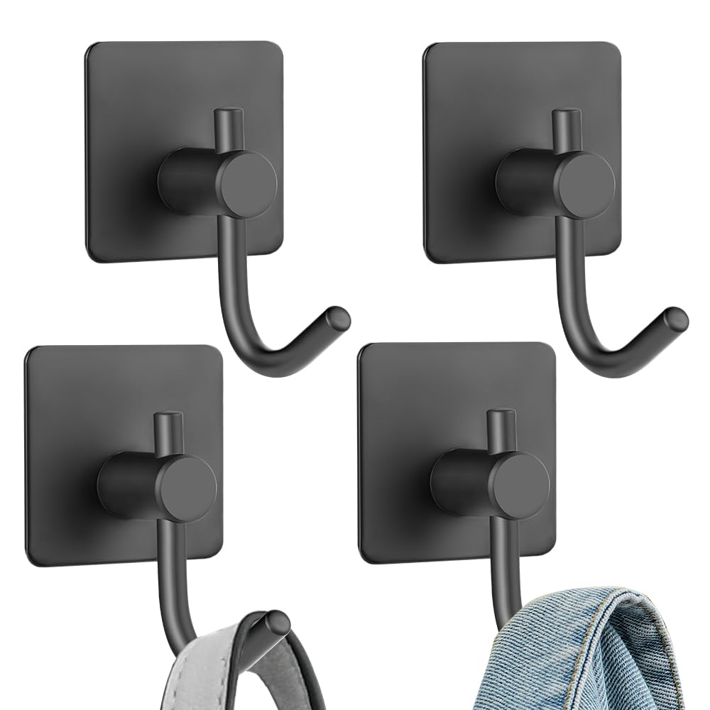 LFBEST4 Packs Self Adhesive Hooks, Stick on Hooks Heavy Duty for Hanging, Stainless Steel Adhesive Wall Hooks and Bathroom Towel Hooks, Rustproof Sticky Hooks for Towel Coat Hat Purse