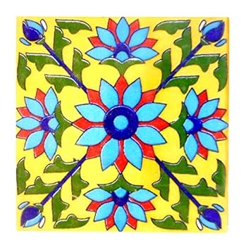 Shivkripa Blue Art Pottery Ceramic Handmade Tiles Pack of 6 (Yellow & Multi)