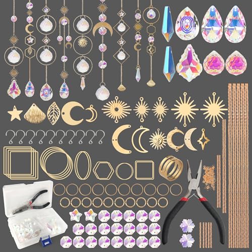 nuyikaso 200 Stück Sonnenfänger Kristall Bastelset Erwachsene DIY Windspiel Basteln Regenbogen Sonnen Mond Anhänger Kristalle Lichtfänger Ornament für Fenster Garten Weihnachten Tag Hochzeit Goldene
