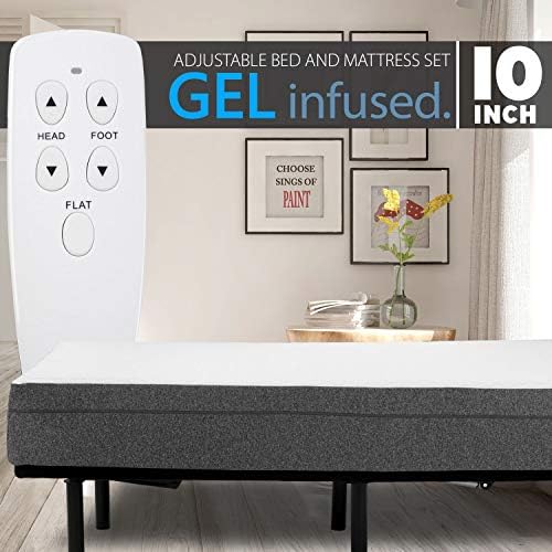 10" Gel Infused Medium Firm Memory Foam Mattress with e2 Adjustable Bed Frame Combo Set Head and Foot Incline Wired Remote (King)