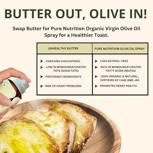 Image of Pure Nutrition Olive Oil Cooking Spray 400ml (200ml X 2)| 100% Organic, Extra Virgin, Cold Pressed, Natural; Cook Healthy with 10X LESS Oil | Ideal for Dressing, Baking, Air-Frying | Good for Skin, Hair & Massage