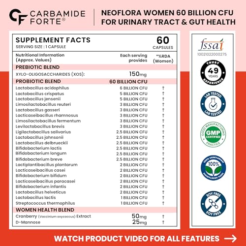 Image of Carbamide Forte Women's Probiotics Supplement 60 Billion CFU | Gut Health Supplements with Cranberry Extract | Pre & Probiotics Supplement for Gut Health | 60 veg Capsules