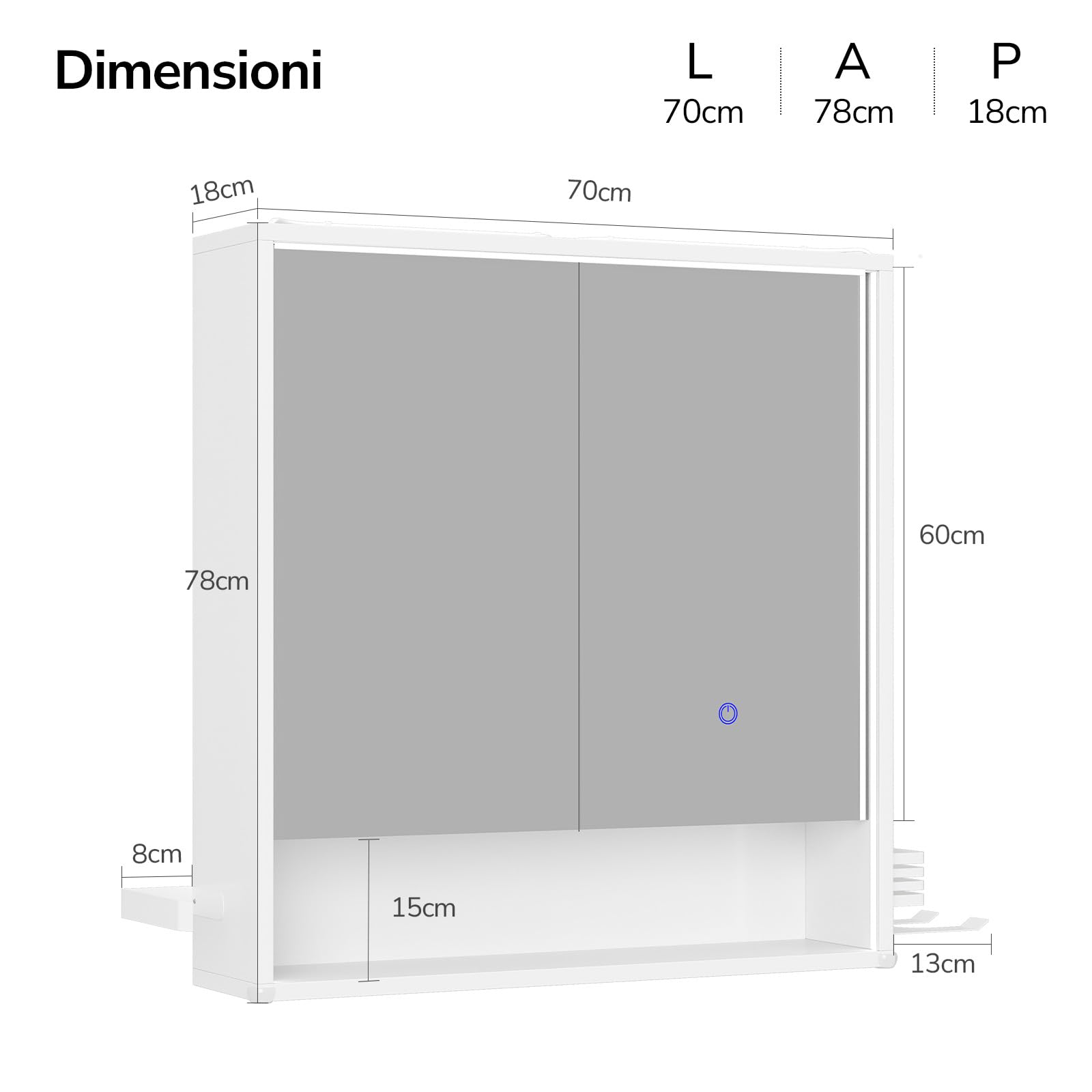 Specchio Bagno Contenitore 70x78x18 cm – Luce LED 3 Lati, Touch con 3 Luci & Prese + USB, Porta Asciugacapelli e Asciugamani, Mobile Bagno con Specchio a Due Ante – Soft-Close