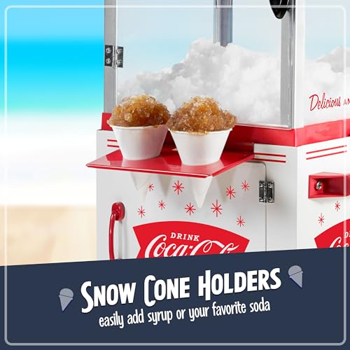 Image of Nostalgia Coca-Cola 48-Inch Tall Snow Cone Cart, Makes 48 Icy Treats, Includes Metal Scoop, Storage Compartment, Wheels For Easy Mobility - Coke Red