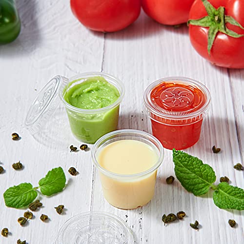 Image of 400 Sets 1 oz Plastic Portion Cups with Lids, Plastic Sauce Cups with Lids | Leak-proof sealing lids for sauces, jelly shots, souffle, condiments, dressings, for daily use, commercial kitchens, takeaway