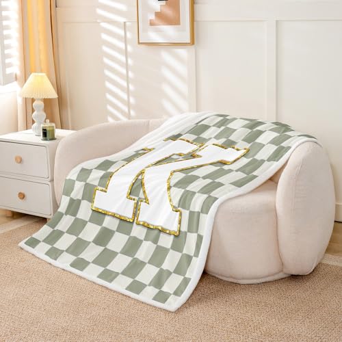 Image of Erosebridal Sage Green Checkered Fleece Blanket Queen 90 inchx90 inch Plaid Initial K Sherpa Blanket Personalized Monogram Fuzzy Plush Throw for Kids Boys Girls,Fashion Grids Gingham Decor for Bed Couch