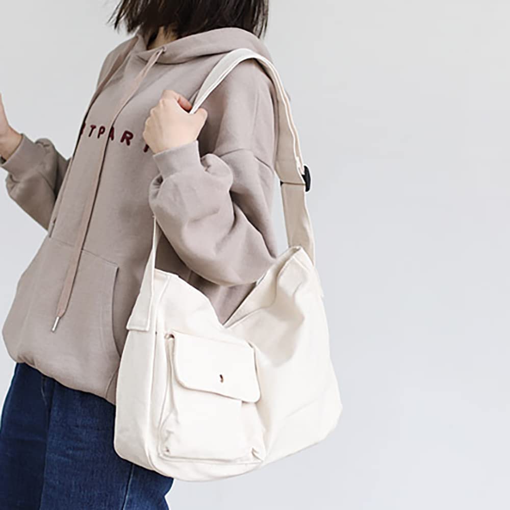 Bolso bandolera de lona para mujer de gran capacidad con bolsillo exterior, bolsos de hombro para mujeres y niñas, bolsos casuales sólidos, Blanco
