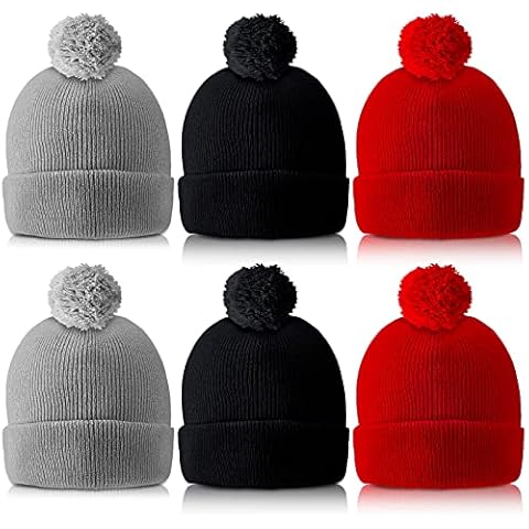 6 Pieces Men Women's Knit Pom Beanie Pom Knit Hat Unisex Winter Hat with Ball at Top Winter Cap with Cuff and Pom, Black, Red, Grey, Assorted Colors/ Black, Red, Grey, One Size Cover