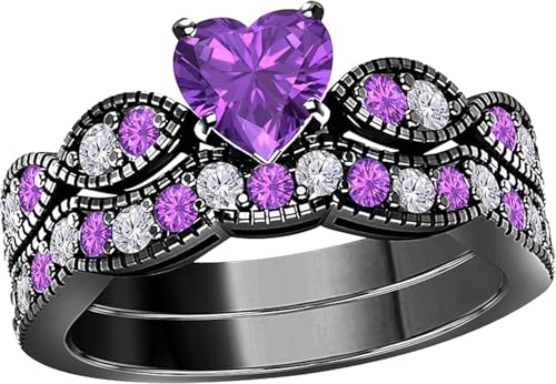 Heart Cut Simulated Purple Amethyst & Diamond 925 Sterling Silver 14K Black Gold Finish Diamond Miligrain Infinity Twist Engagement Wedding Bridal Ring Set for Women's