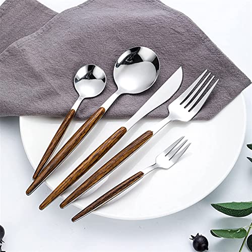 Image of Gold Flatware Matte Wooden Handle Stainless Steel Tableware Sets for 3 Including Forks Spoons Knives, Camping Silverware Travel Utensils Set Cutlery(Silver, Set of 15)