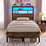 Bett mit LED und Ladestation, Metallbettgestell mit Stauraum (90 × 200 cm)