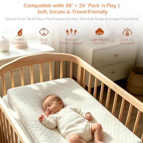 Image of PanKers Pack and Play Mattress 38 inchx26 inch - Dual Sided Memory Foam Pack N Play Mattress Pad with Breathable Removable Cover, Non-Slip Bottom, Firm & Plush Support for Baby