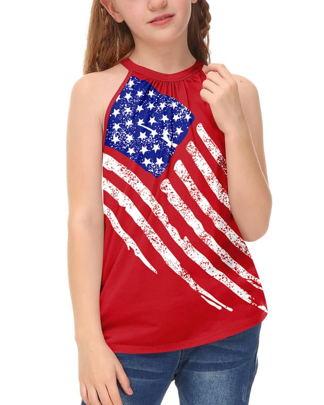 Image of BesserBay Girls Summer Back Button Halter Neck Tank Top Cold Shoulder Casual Blouse Pleated Sleeveless Shirts 5-14 Years