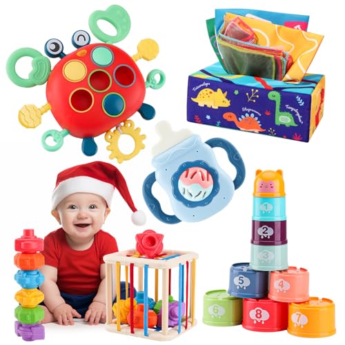 Image of KADAYAYA Montessori Baby Toy for 18 Months, Teether Rattle Tissue Box Pull String Crab Toy, Infant Sensory Toys Shape Storage Bin,Stacking Cup Toy Gift for Toddlers Boys Girls 1 2 3 Year Old
