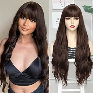 HUA MIAN LI Long Wavy Wig with Bangs Synthetic Wig for Women – Chocolate Cheap Wigs Natural Looking 26 inch Hair Replacement Cosplay Wig for Party Body Wave Heat Resistant Wig (Chocolate Brown)
