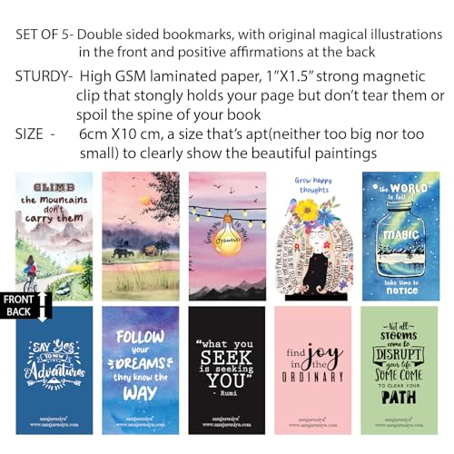 Image of Antara Positive Affirmation Magnetic Bookmarks with Quotes | Set of 5 | Digitised Handpaintings | Laminated Matte Finish | Best Gift for bibliophiles | 2.25 inch X 3.8 inch | Magnetic Clip Attachment
