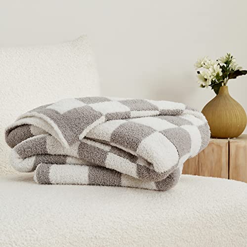 Image of CozeCube Grey White Reversible Checkered Knit Throw Blanket 60 inchx80 inch