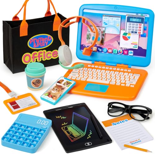 Cleboen Pretend Play Home Office Set for Kids — Toy Laptop Computer, LCD Writing Tablet, Pop Fidget Calculator, Phone, Headset, Glasses, Coffee Cup...