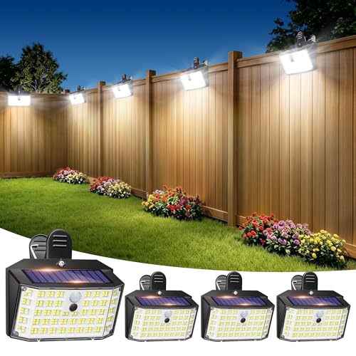 LUHLEE 176LED Clip on Solar Lights Outdoor 600LM Solar Motion Lights Outdoor with 180 Wide Angle IP65 Waterproof Portable Solar Fence Lights Outdoor for Fence Gutter Garden Camping Patio 4Pack