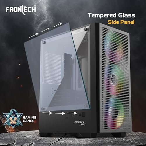 Image of Frontech Appy Gaming Computer Cabinet - Tempered Glass Side Panel, 3x120mm Pre-Installed LED Fans, Mini-HTX /Micro-ATX Support, USB 3.0, HD Audio, Washable Dust Filter (FT-4389)