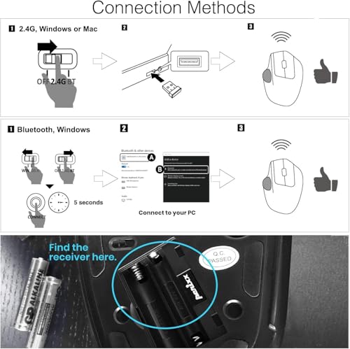 PERIMICE-720 - Mouse ergonomico trackball wireless, 2.4 GHz e Bluetooth, angolo regolabile, 2 livelli DPI, colore: Nero - Mouse gaming - Immagine 4