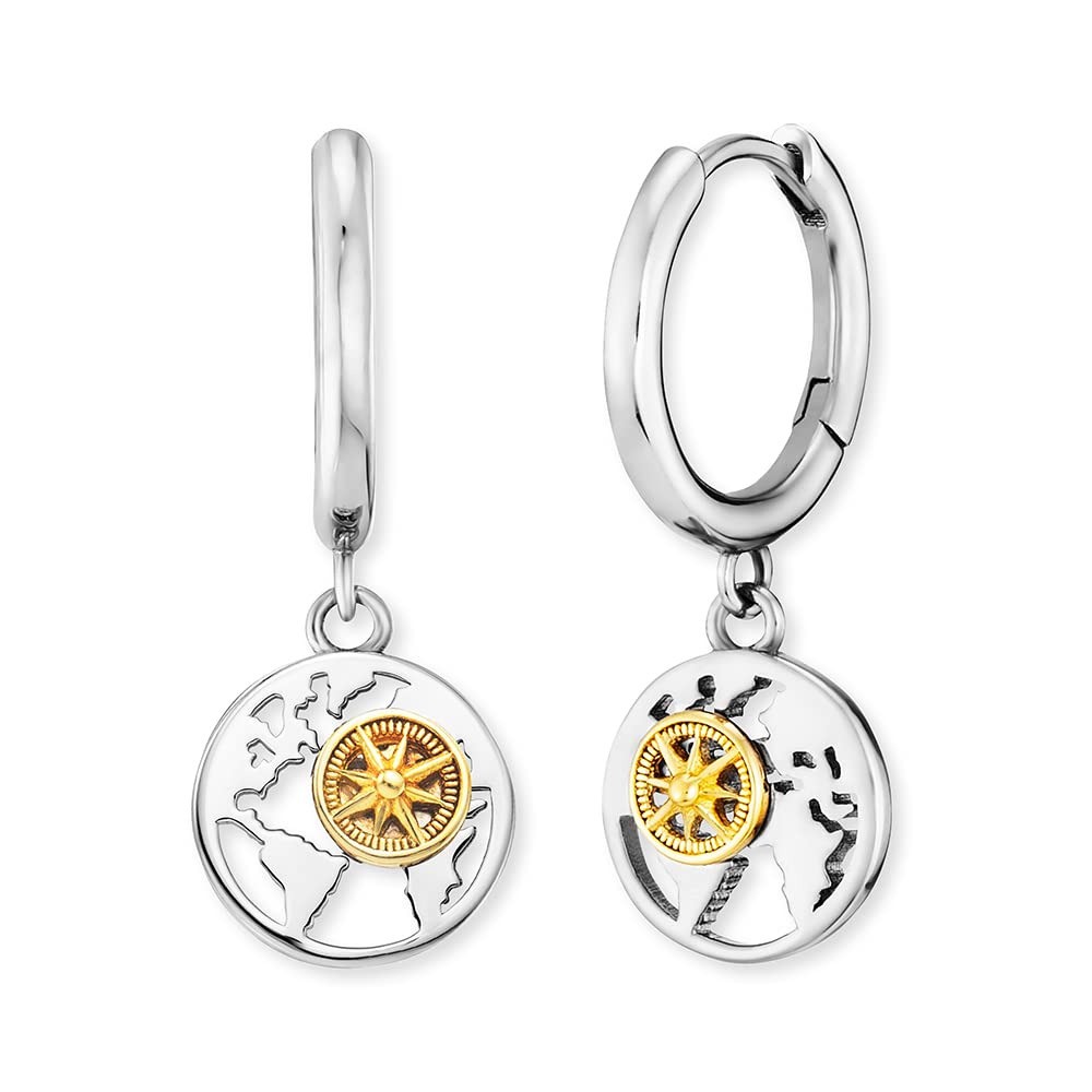 Angel Whisperer Aloha Women's Stud Earrings Sterling Silver with World Map and Wind Rose Bicolour Nickel-Free Size: 10 mm, 10mm, Sterling Silver, No Gemstone
