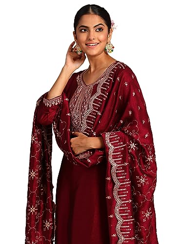 Image of INDO ERA Silk Blend Women's Embroidered Straight Kurta Trouser With Dupatta Set