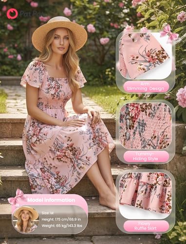 Image of PATPAT Family Matching Outfits Mommy and Me Dresses Floral Dress & T-Shirts | Mommy and Me Easter Dresses, Puff Sleeve Floral Sundress, Cotton Blend T-shirts, Couples Party Wedding Vacation Outfits