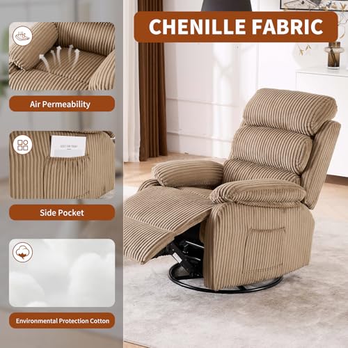 Image of Velvet Upholstered Glider Recliner Chair - 360 Swivel Rocker Chair for Adults, Small Rocking Chair for Small Spaces, Soft Fabric Recliner Chair with Side Pockets, Comfortable Nursery Chair,Brwon