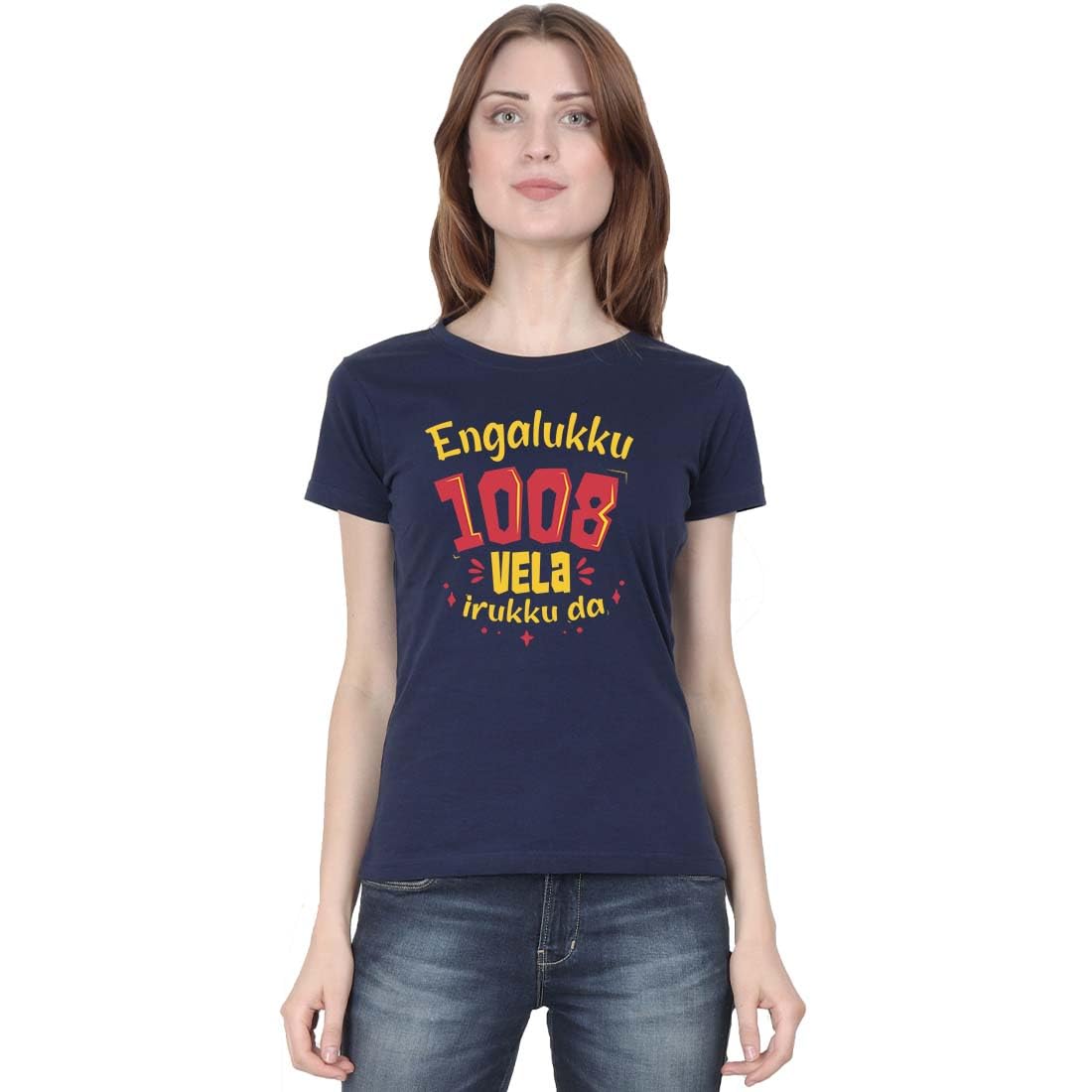 crazy punch Engalukku 1008 Vela Iruku Da Women Half Sleeve Navy Blue Tamil T Shirt-picture-17