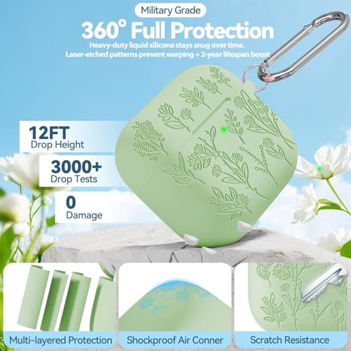 Image of Meyaar Silicone Case for AirPods 4 Floral Embossed, Flower Engraved Soft Silicone Cover with Keychain, Anti-Scratch, Shockproof Protective Case Cover (Pistachio Green, for AirPods 4 (2024)