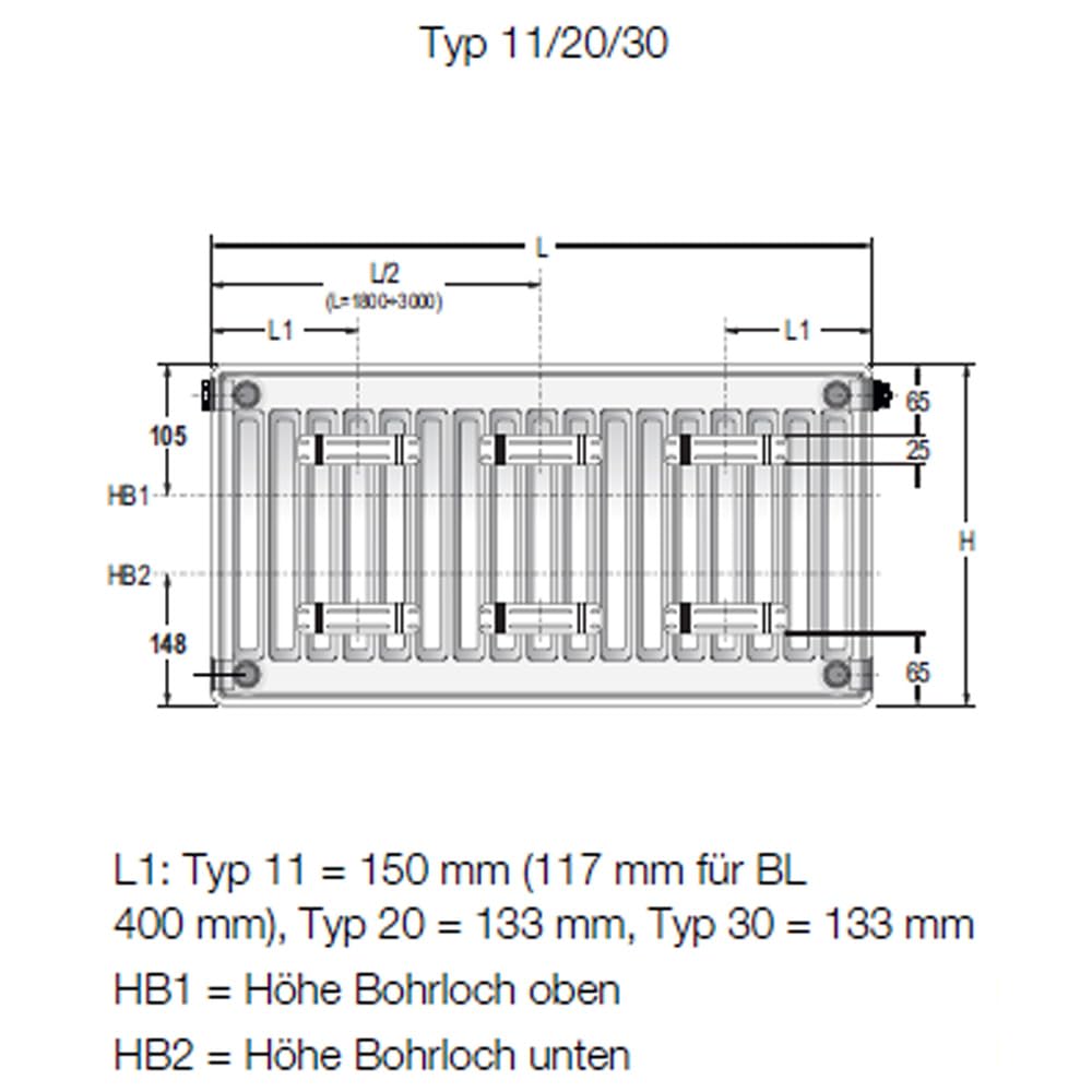 Buderus Logatrend Kompakt-Flachheizkörper C-Profil Typ 11 BH 500 vers. Längen + Halter (BL: 600 mm)