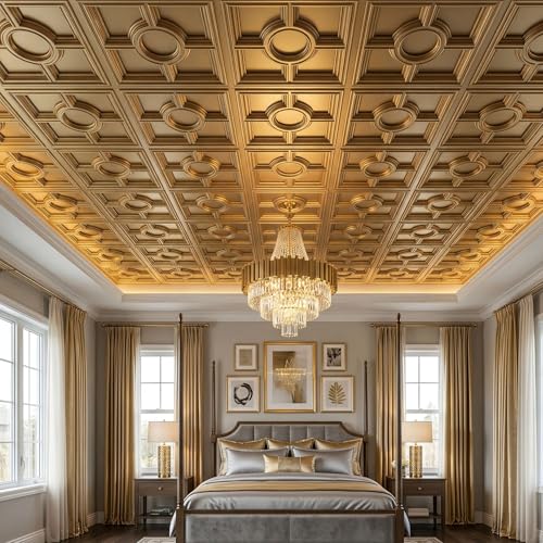 Image of Kayra Decor PVC Ceiling Panel 60x60 cm|Regal Medallion Design|Champagne Gold|50 Tiles Cover 200 Sq Ft| Modern False Ceiling|Royal & Elegant Finish
