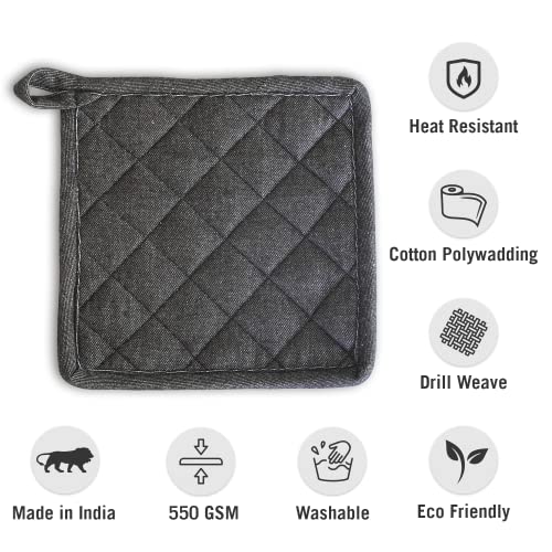 Image of 2 Pot Holder Heat Resistant Cotton Hot Pad or Pot Stand for Kitchen Cooking & Baking | Quilted Thick Fabric, Easy Grip, Hanging Loop (Blue and Grey)