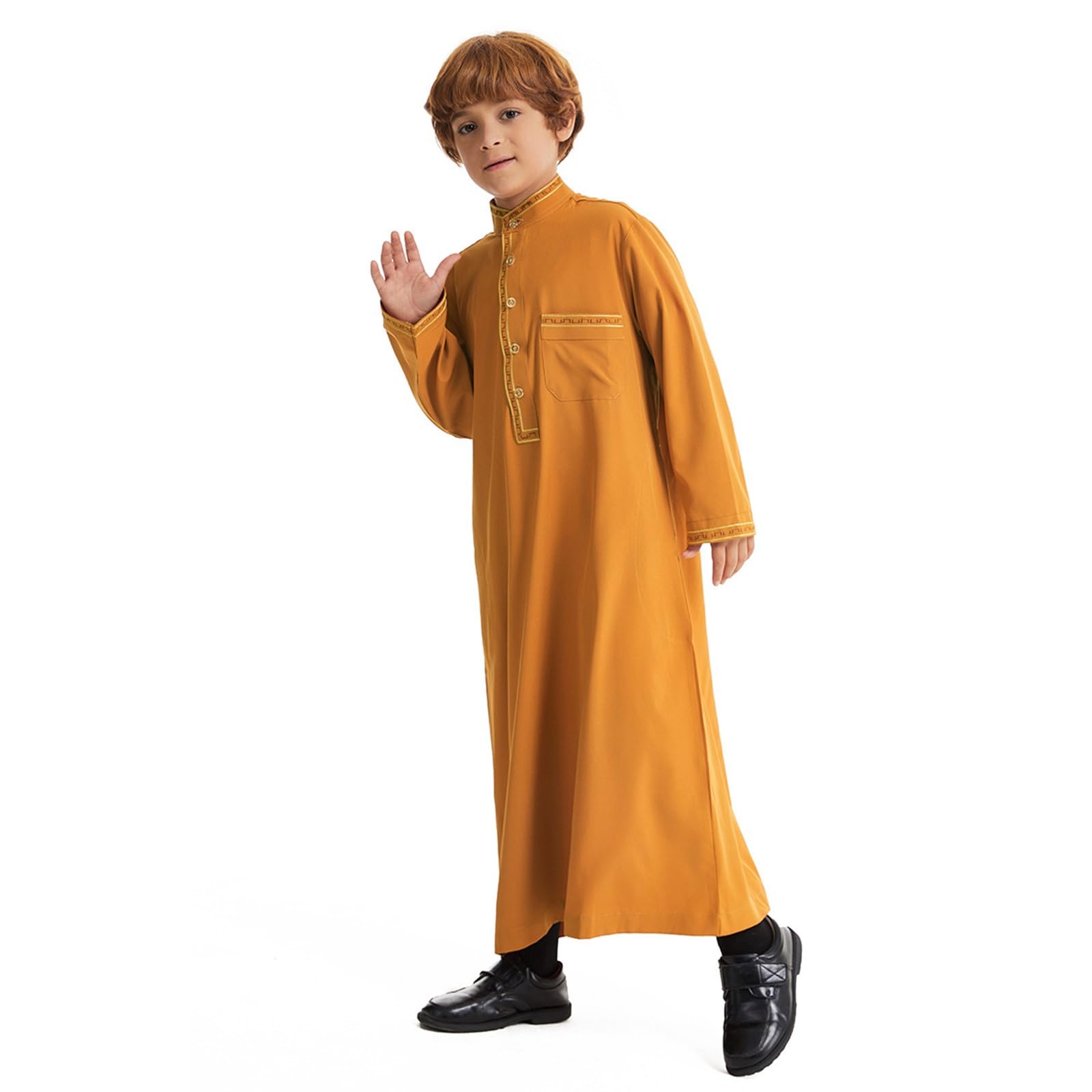 Eid ubrania dla chłopców biała Thobe muzułmańska szata z długim rękawem zapinana na guziki chłopcy Jubba z kieszeniami kaftan haftowana odzież narodowa Abaya dla dzieci na prezenty Eid i piątkowe
