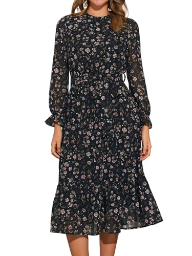 Image of Allegra K Fall Casual Floral Dress for Women 2025 Long Sleeve Crew Neck Chiffon Midi Tea Party Ruffle Dresses