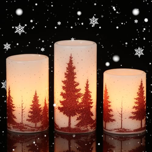 Image of Eldnacele Christmas Flickering Flameless Candles with 6 Hour Timer, Red Christmas Tree Decal Battery Operated Real Wax LED Pillar Candles Home Tabletop Holiday Decor(3Pcs,3x4 /5 /6 Inches)