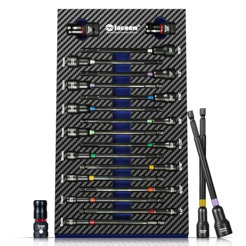Facoow 6 Inch Long Impact Nut Driver Set, 18pcs Color Coded Magnetic Nut Drivers Set, CR-V Metric&SAE Extra Long Nut Driver Sets for Impact Drill, 1/4" Hex Shank with 1/2"&3/8" Impact Socket Adapters
