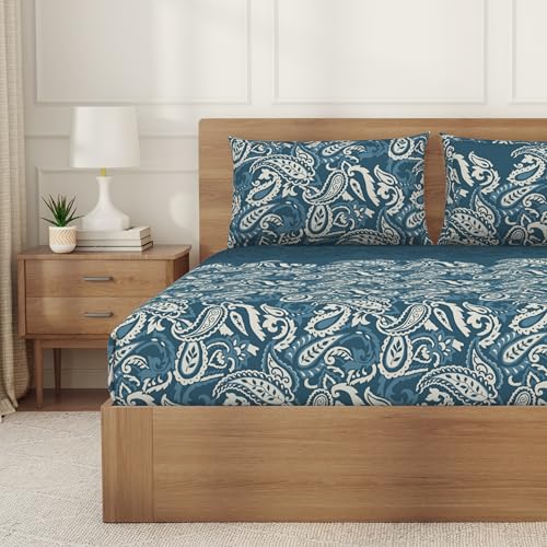 Image of Welspun ENZO Queen Size Fitted Bedsheet with 2 Pillow Covers | 360 Elastic | 100% Pure Cotton | 60 x 78 Inches | Soft, Breathable, Lightweight & Easy Care | Dark Blue