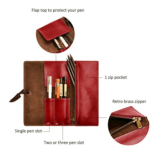 Image of ZLYC Handmade Leather Pencil Case Soft Roll Bag Stationery Gift,Red | multi slot pen storage design,school class daily use,office desk organizer,graduation holiday gift,foldable portable size