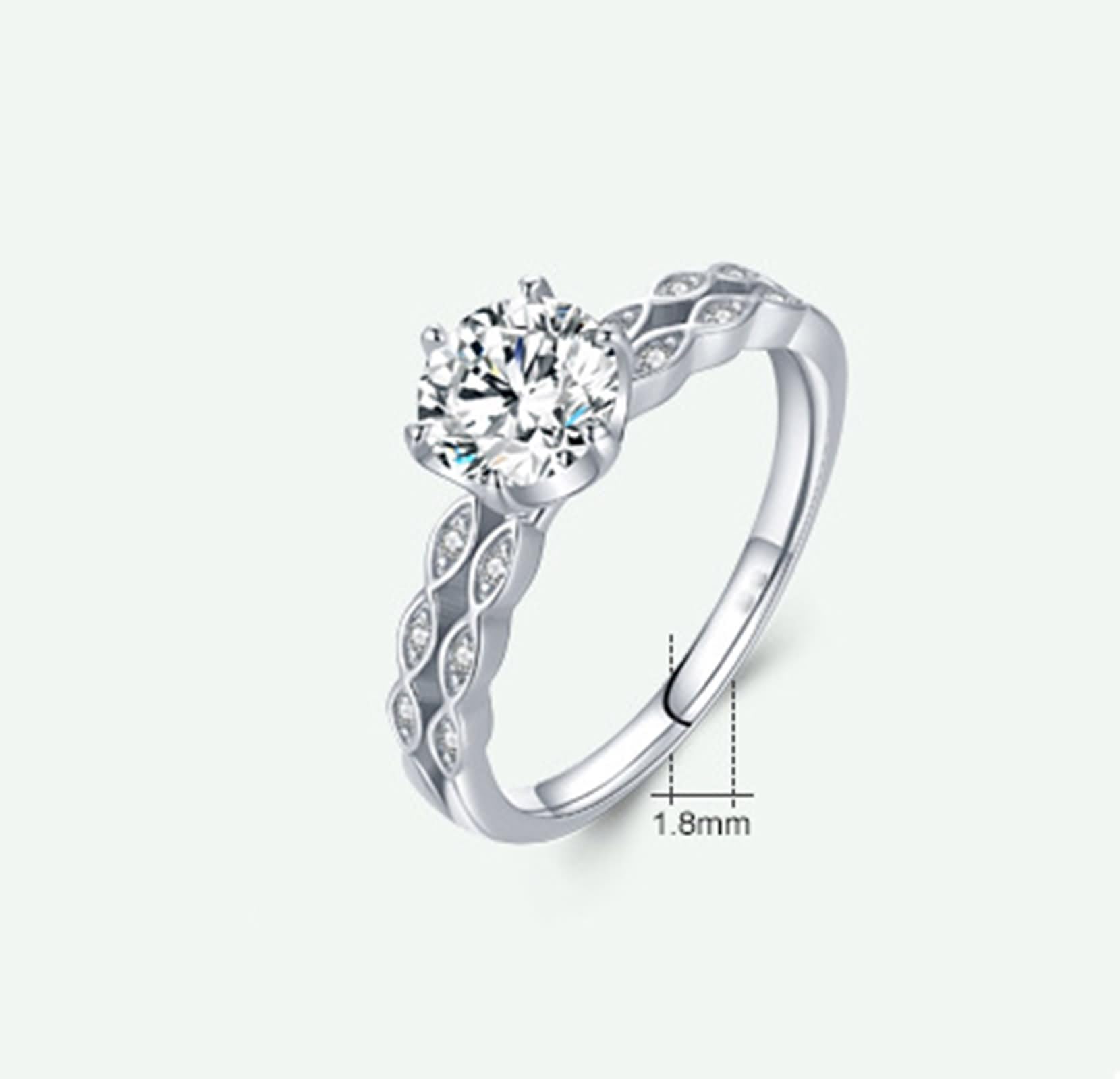Pierścionek zaręczynowy damski, cienki, geometryczny, srebrny ze szlifem okrągłym, diament laboratoryjny, białe złoto 18K, rozmiar 61 (19,4)